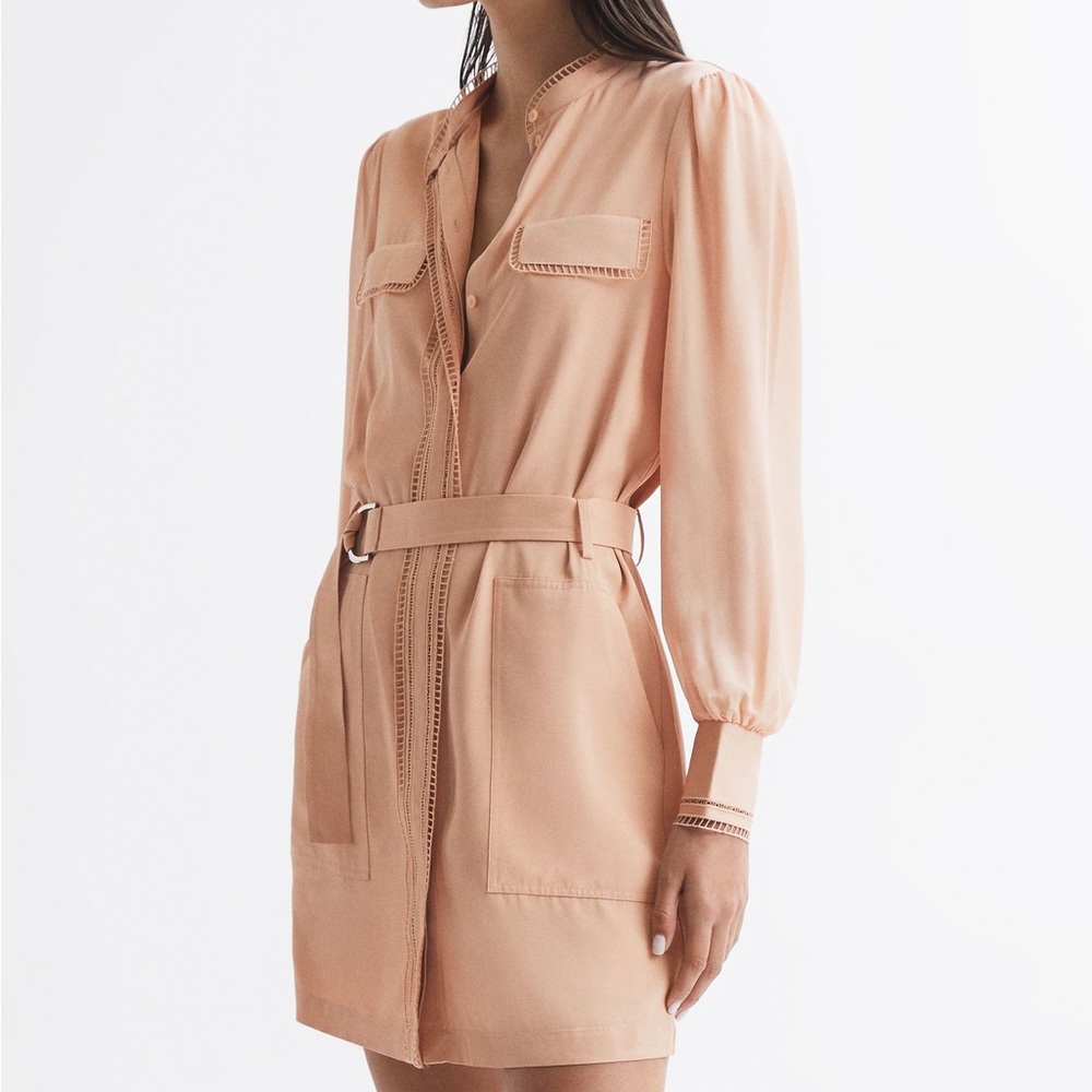 Reiss CASSIA LADDER TRIM DETAIL FLIPPY Mini DRESS in Nude /Beige Color (Small)